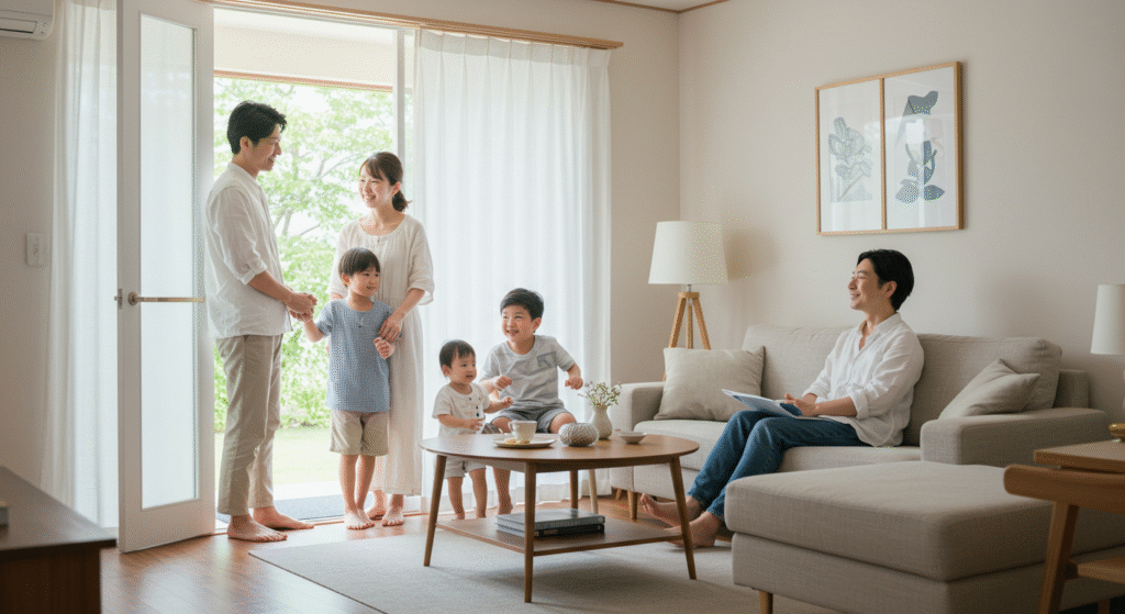 夏の日差しの中、帰宅して快適な室温に包まれる家族のシーン