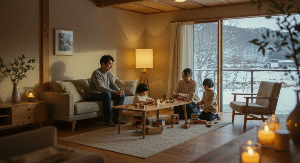 寒い外気の中でも室内は暖かく快適に過ごす家族のイメージ