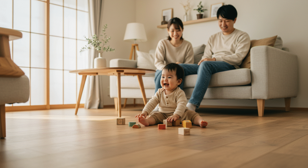子育て家庭における快適な室温環境で過ごす親子のイラスト
