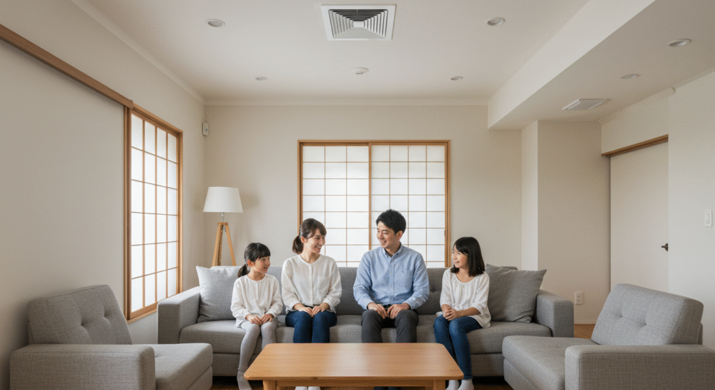 全館空調のある快適なリビングでくつろぐ日本人家族