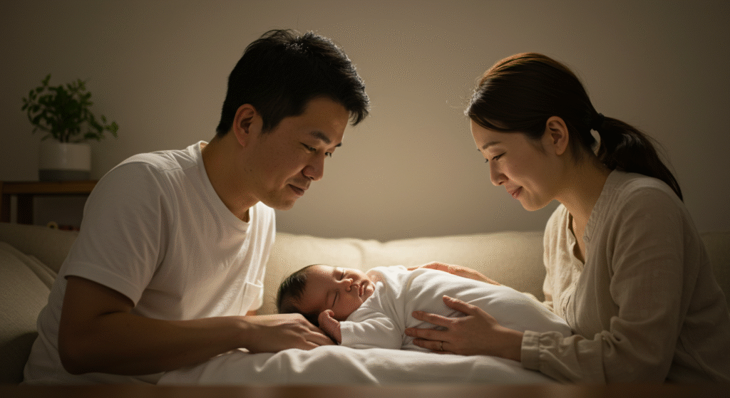 暖かいリビングで赤ちゃんを見守る日本人夫婦の様子。全館空調による快適な室温と安心感を表現。