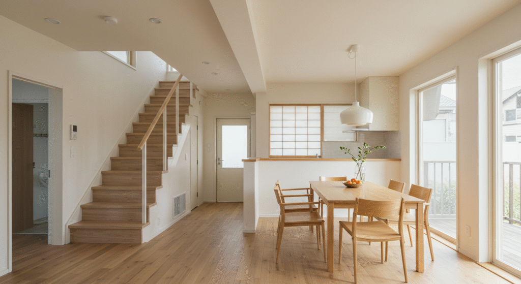 ダイニングと階段がつながる日本の住宅。空調による空気の清潔さやにおい対策が伝わる構図。