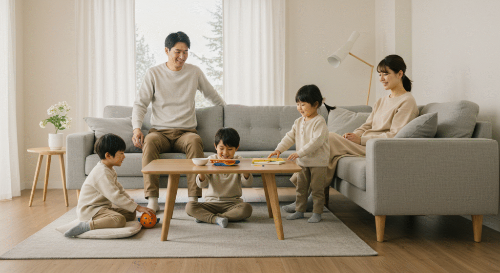 冬でも薄着で過ごす日本人家族。全館空調の暖かさとストレスの少ない生活が伝わるシーン。