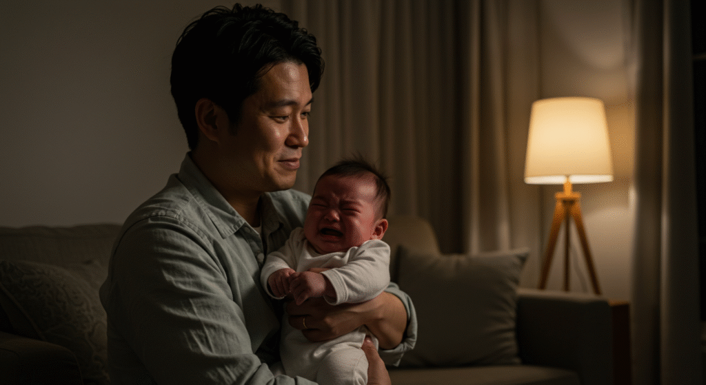 夜中に赤ちゃんをあやす日本人の父親。暖かい空調の中で夜泣き対応をする様子。
